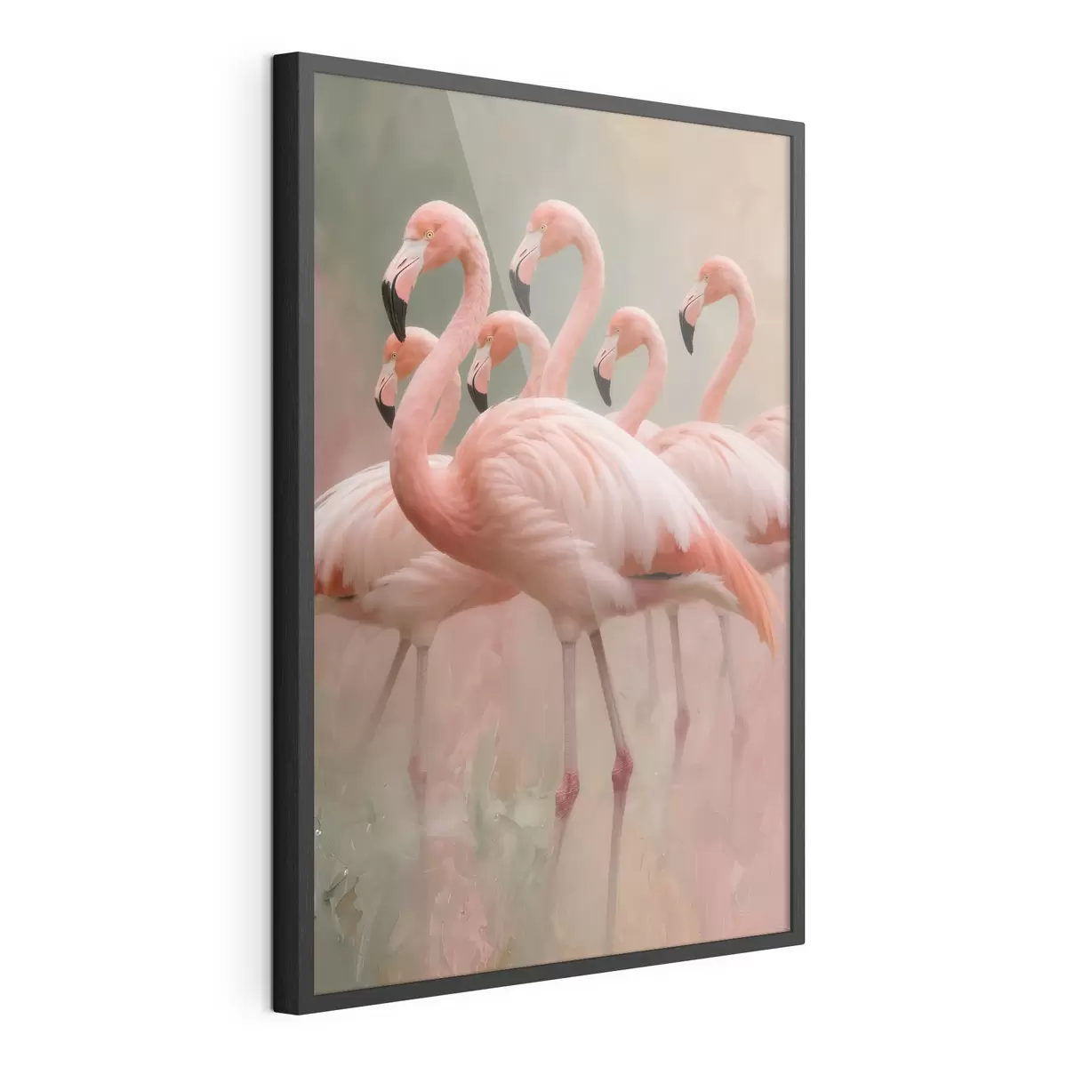 Poster Decoratief portret van een zwerm flamingo’s in een eigentijdse schilderstijl f49727