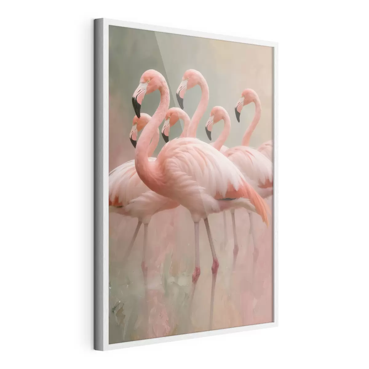 Poster Decoratief portret van een zwerm flamingo’s in een eigentijdse schilderstijl f49727