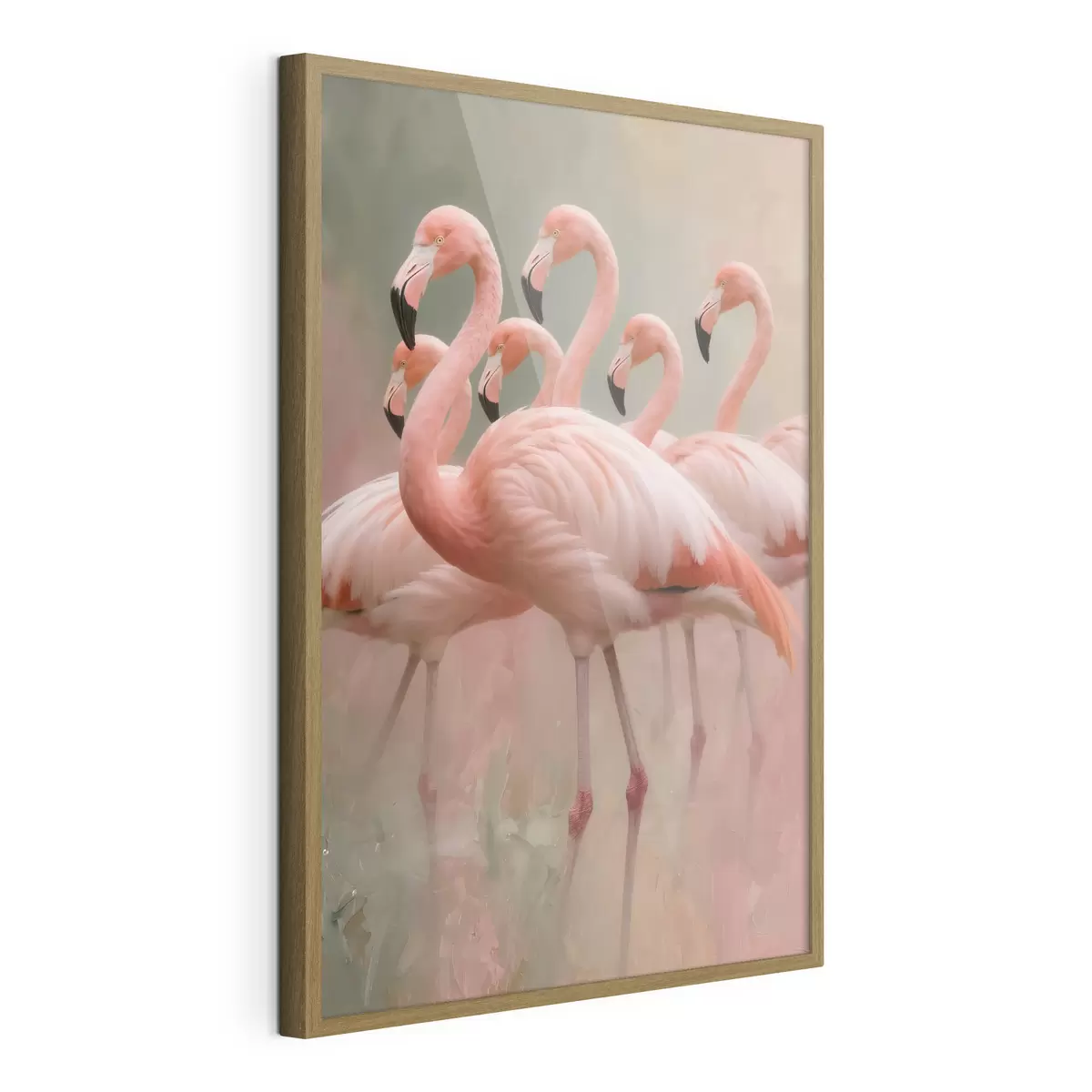 Poster Decoratief portret van een zwerm flamingo’s in een eigentijdse schilderstijl f49727