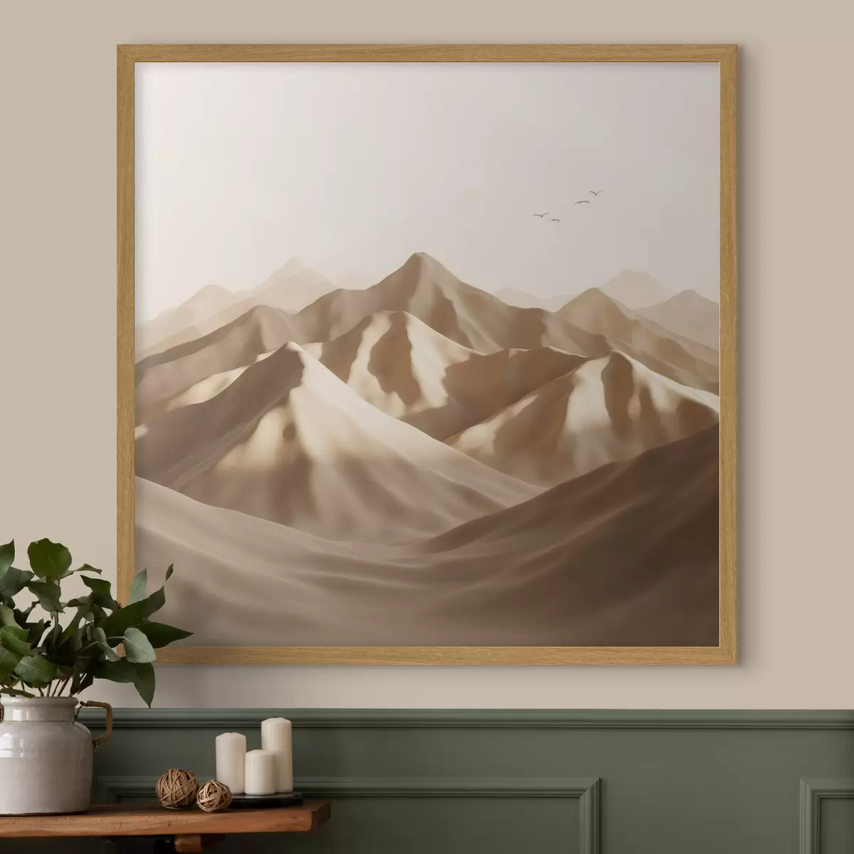 Poster Abstracte zandduinen met silhouetten van vogels in pasteltinten f49729