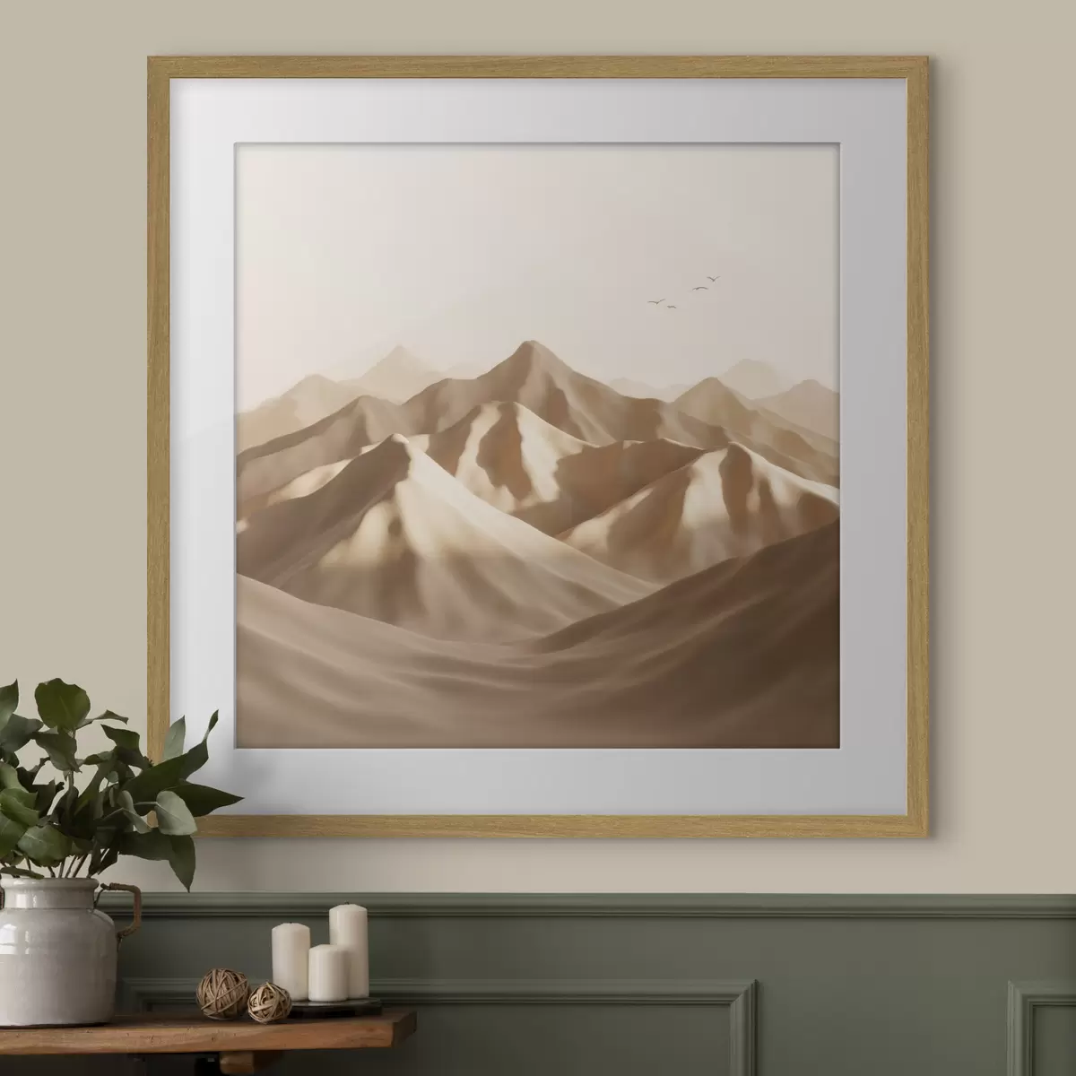 Poster Abstracte zandduinen met silhouetten van vogels in pasteltinten f49729
