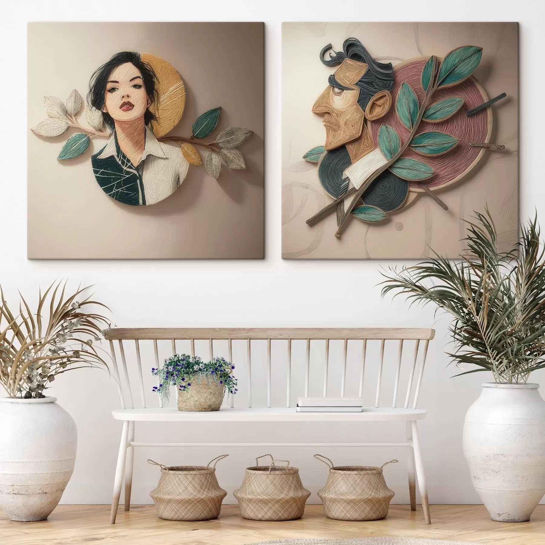  Schilderijen Gestileerde portretten van een vrouw en een man met botanische elementen in een driedimensionale grafische stijl m30649