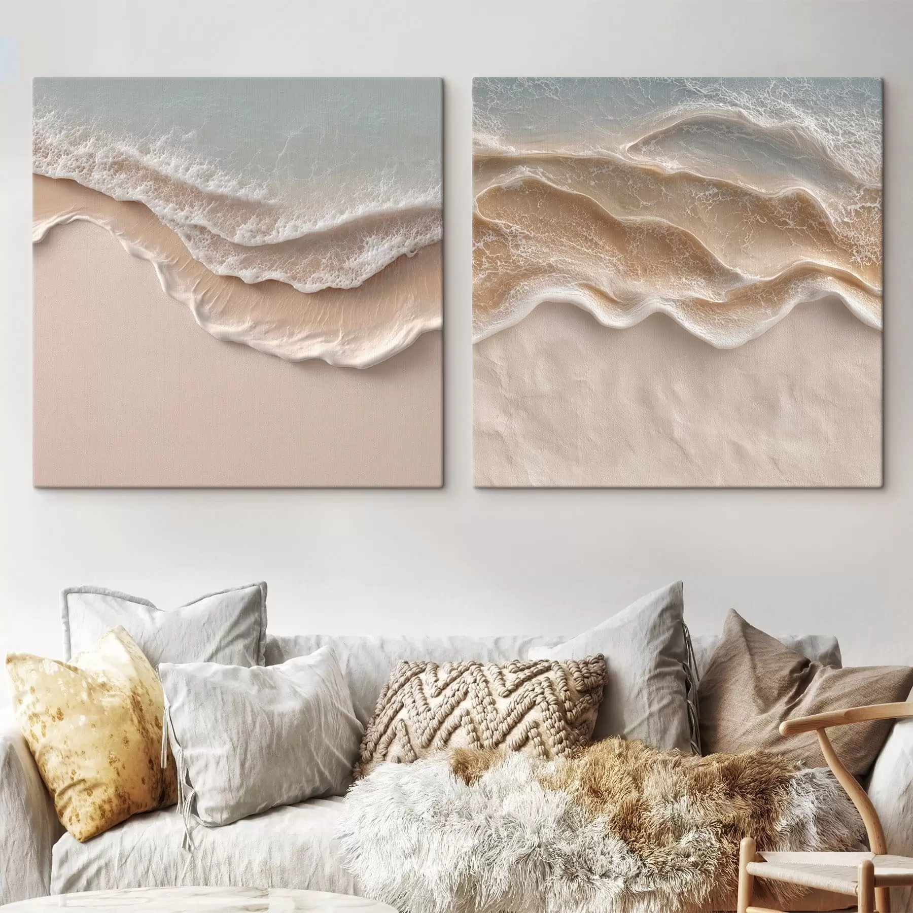  Schilderijen Abstracte oceaangolven met wit schuim en zacht zand in pasteltinten m30651
