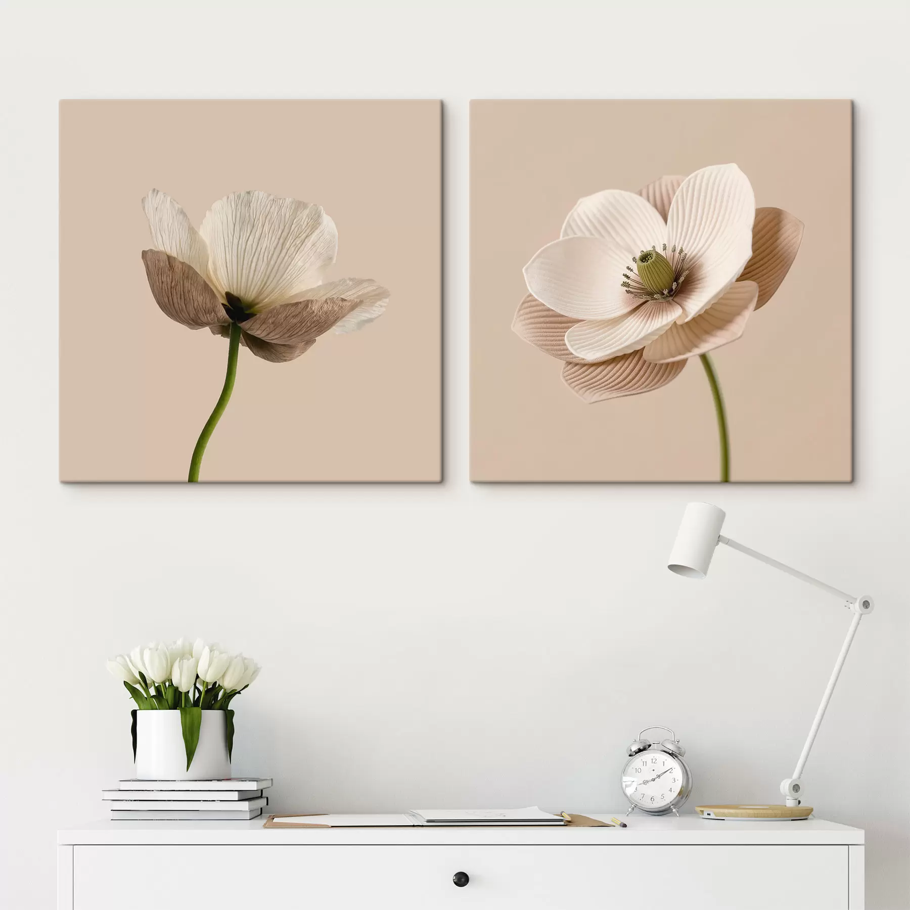  Schilderijen Bloemstuk in beige- en koraaltinten in de stijl van moderne kunstillustraties m30653
