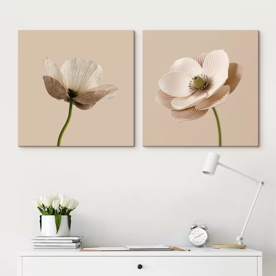  Schilderijen Bloemstuk in beige- en koraaltinten in de stijl van moderne kunstillustraties m30653