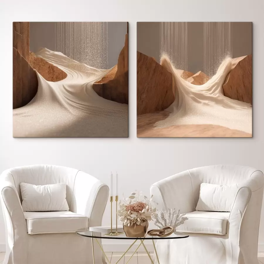  Schilderijen Landschap met glinsterend effect in een beige kleurenpalet, uitgevoerd in een driedimensionale grafische stijl m30655