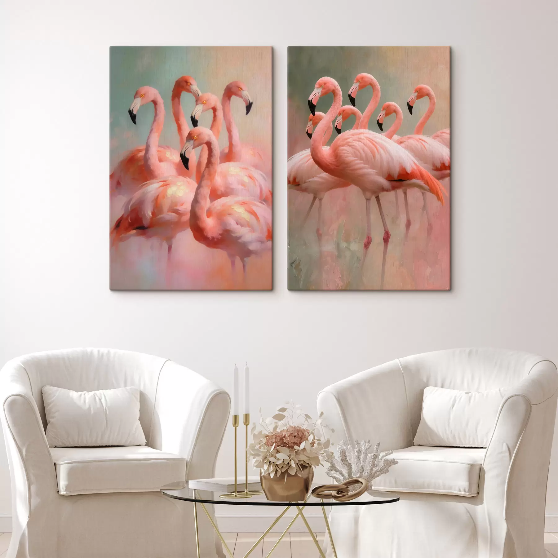  Schilderijen Compositie met een zwerm flamingo’s tegen een zacht, wazige achtergrond in een eigentijdse schilderstijl m30658