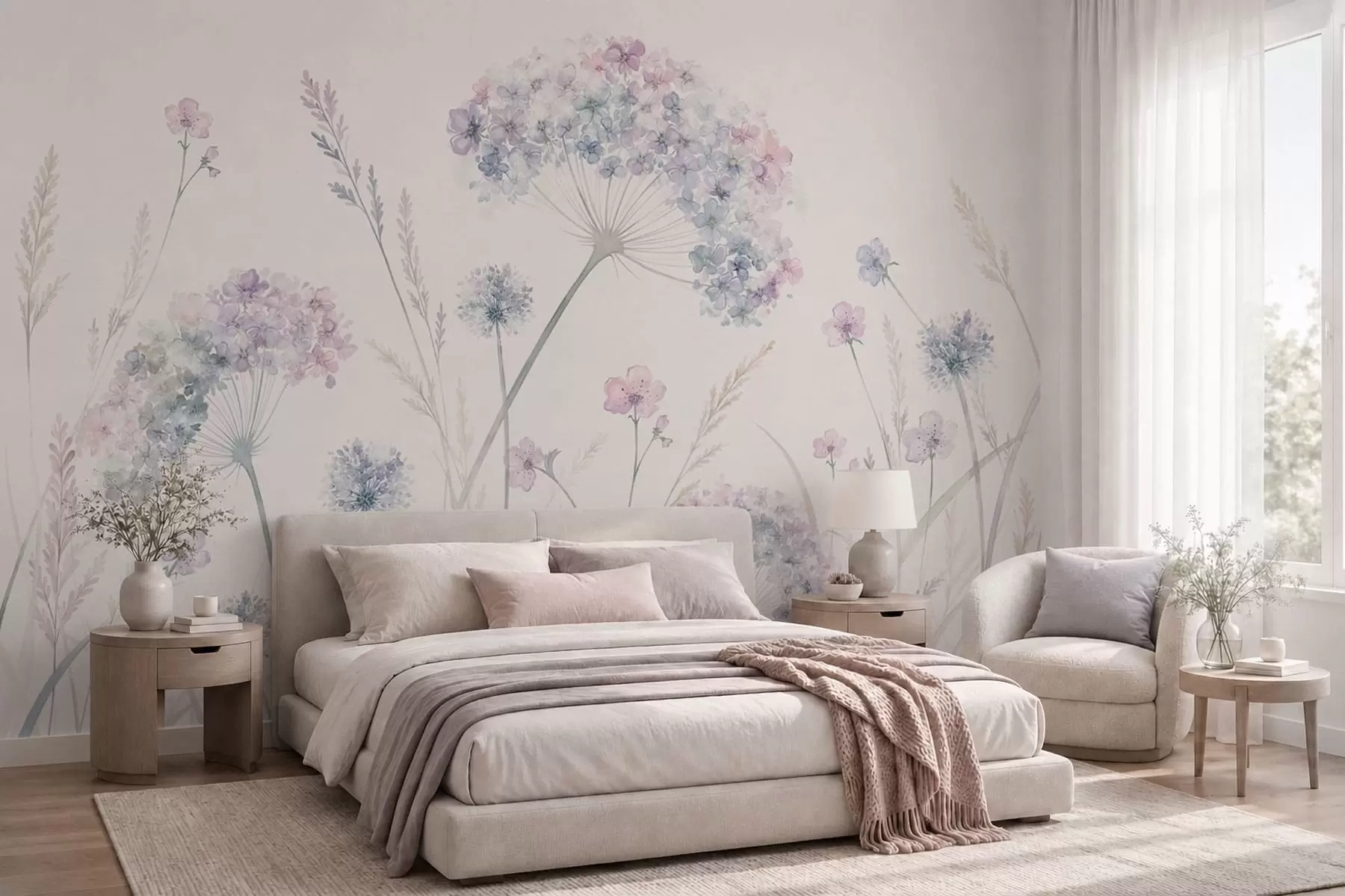 Fotobehang Weidebloemen in zachte blauwe en lila tinten w05731