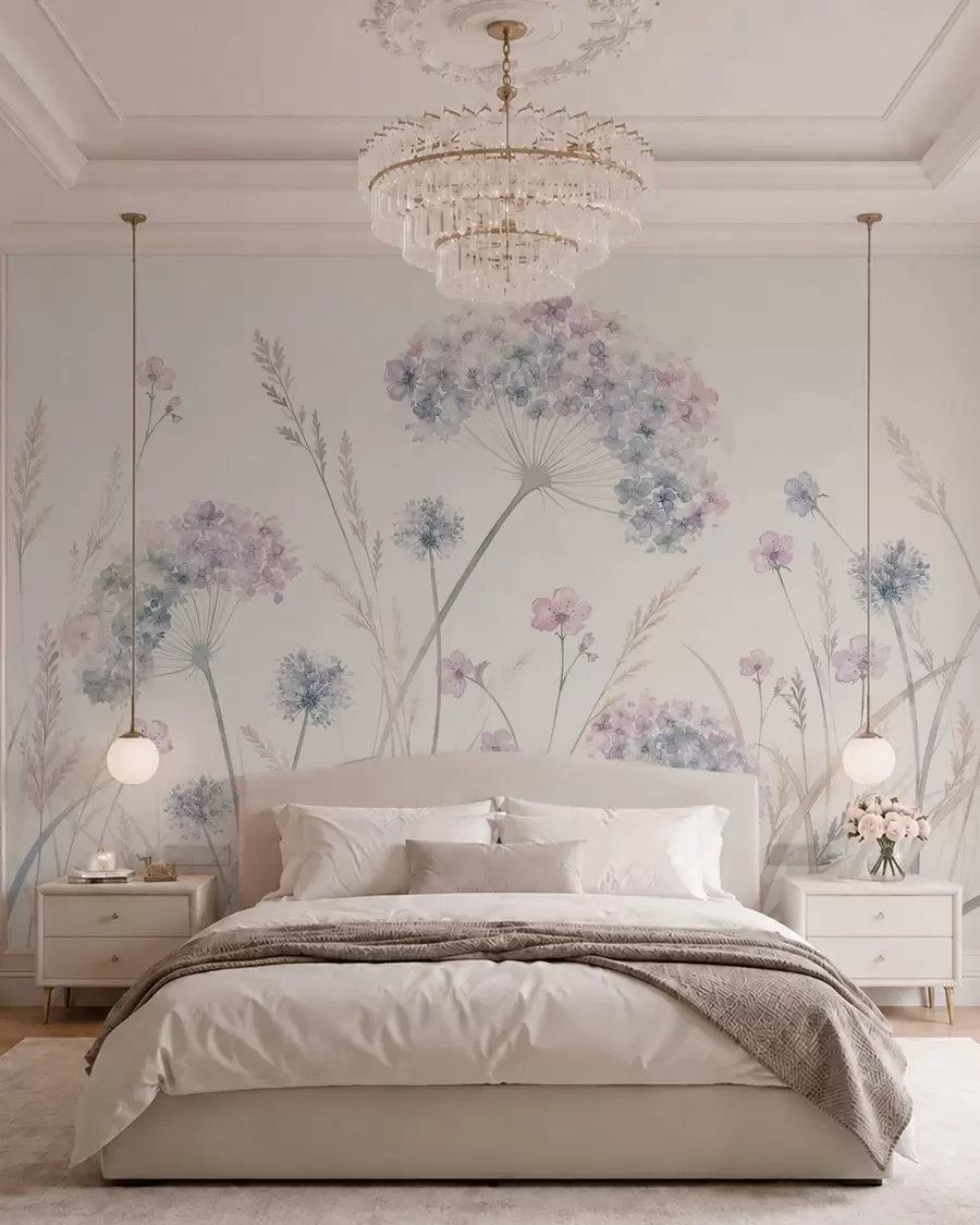 Fotobehang Weidebloemen in zachte blauwe en lila tinten w05731