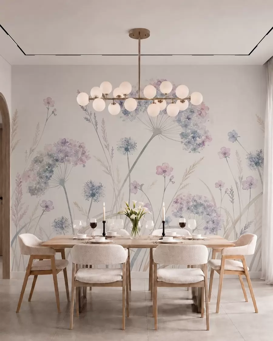 Fotobehang Weidebloemen in zachte blauwe en lila tinten w05731
