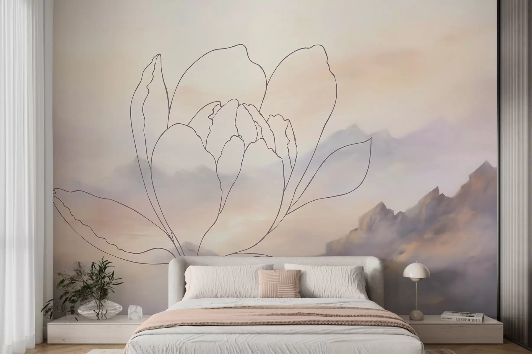 Fotobehang Berglandschap met het silhouet van een bloem w05788