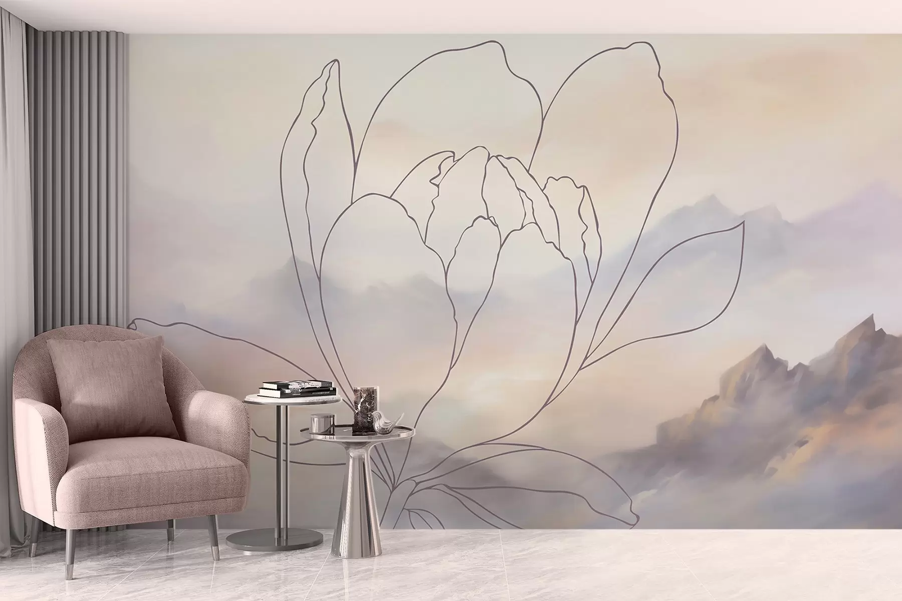 Fotobehang Berglandschap met het silhouet van een bloem w05788