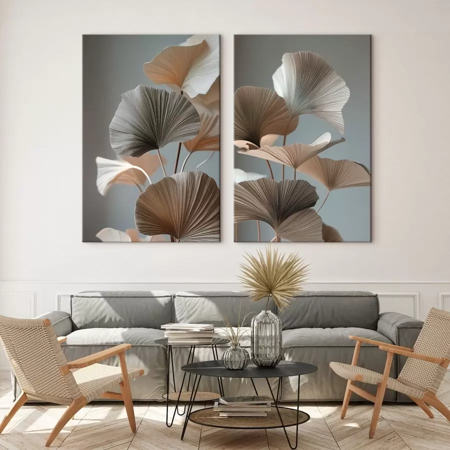  Schilderijen Tweedelig schilderij met bladeren in neutrale tinten en een reliëfeffect m30743