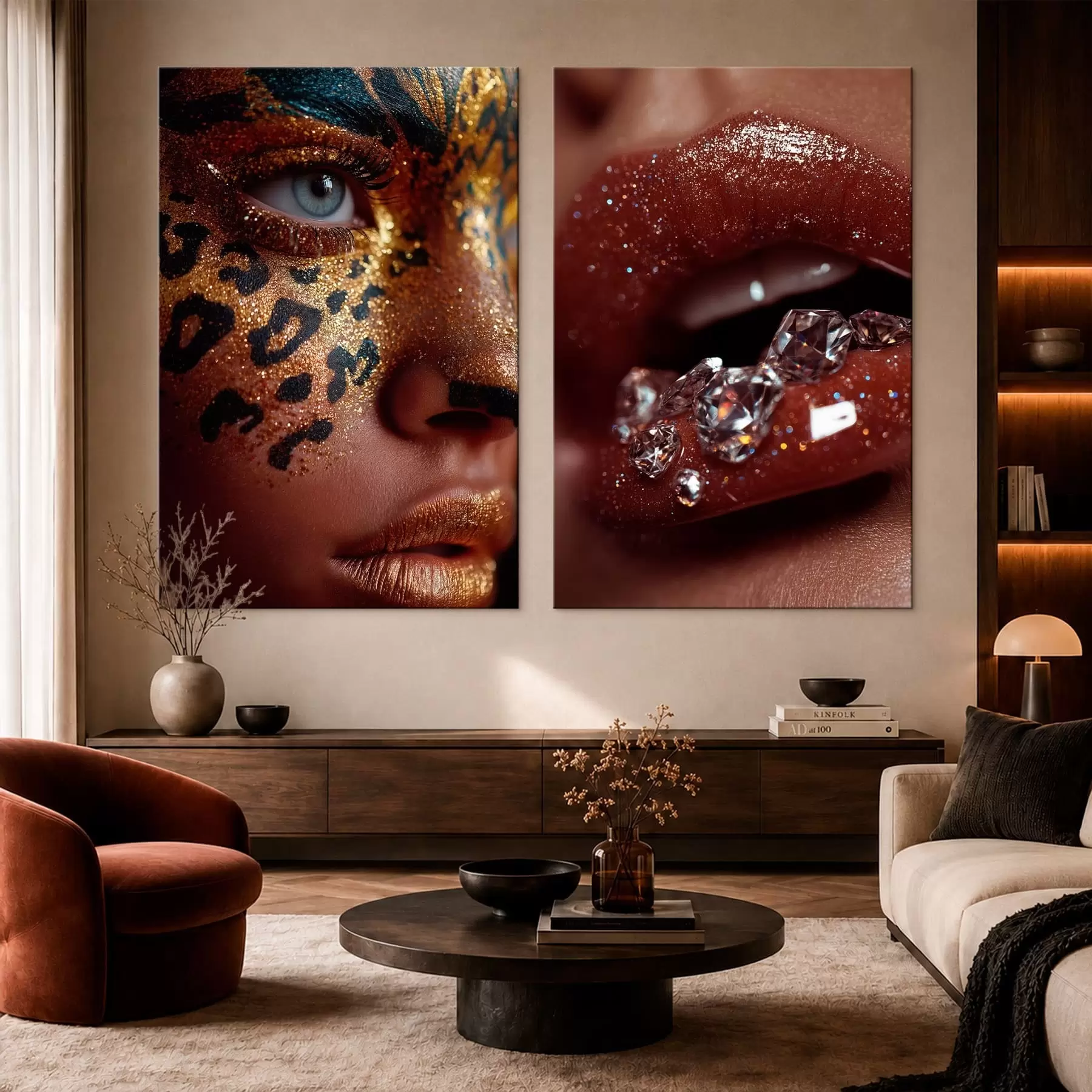  Schilderijen Tweedelig schilderij met glanzende lippen en make-up m30746