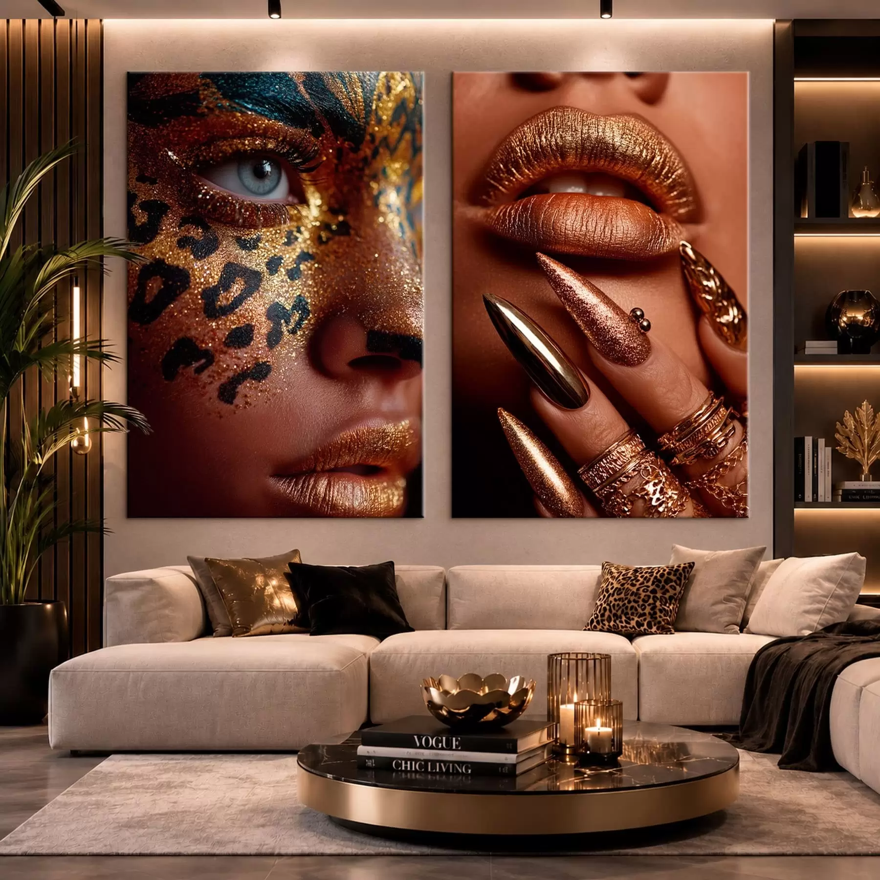  Schilderijen Tweedelig kunstwerk met metallic make-up en gezichtsbeschildering met dierenprint m30747