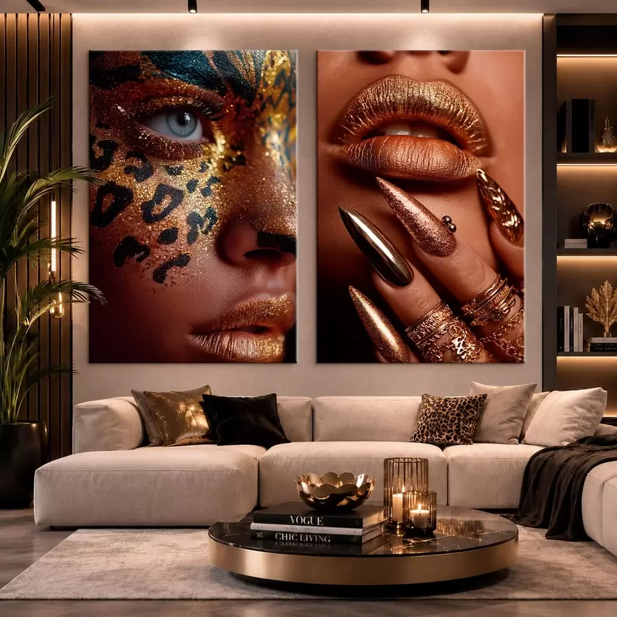  Schilderijen Tweedelig kunstwerk met metallic make-up en gezichtsbeschildering met dierenprint m30747