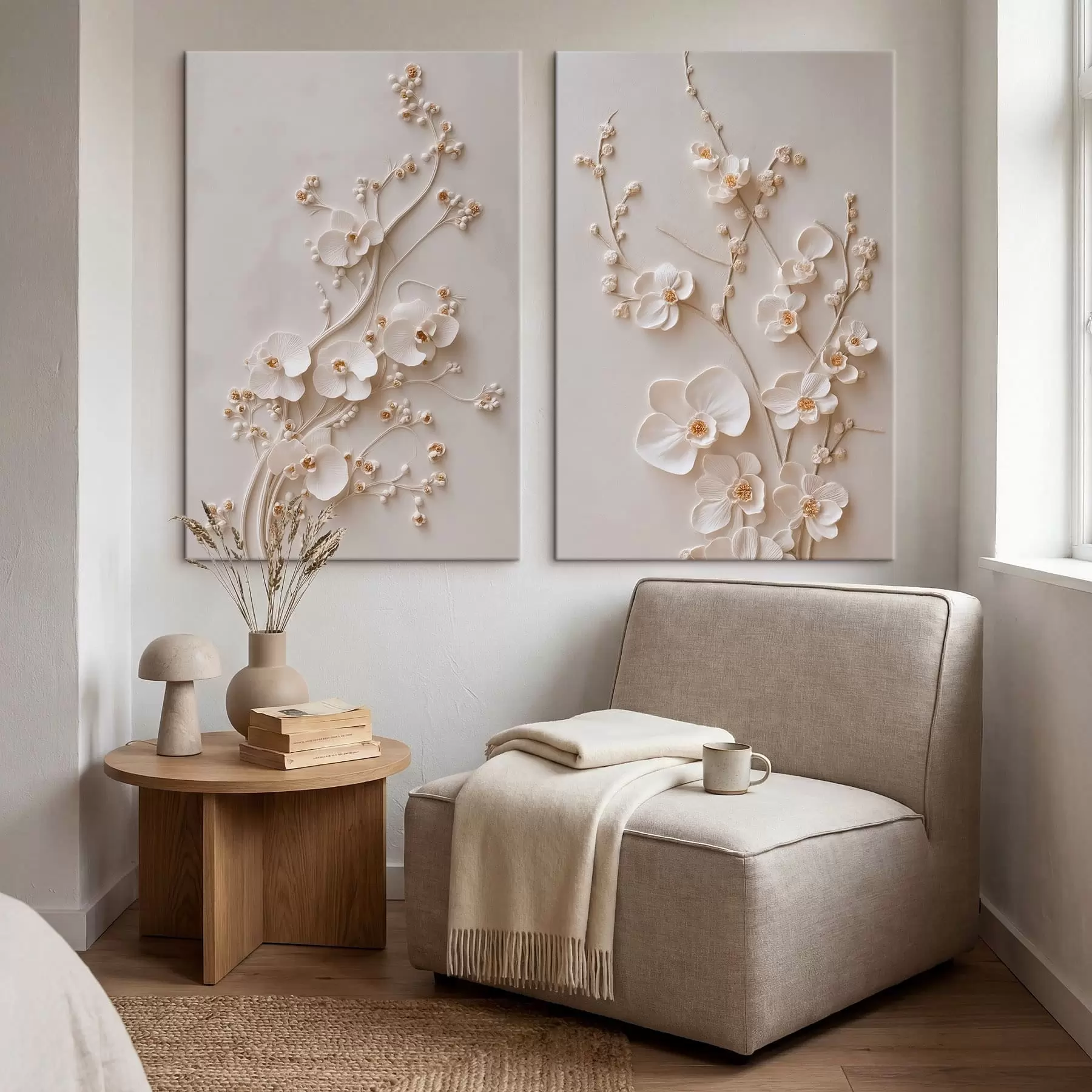  Schilderijen Tweedelig schilderij met witte bloemen en een reliëfeffect m30750