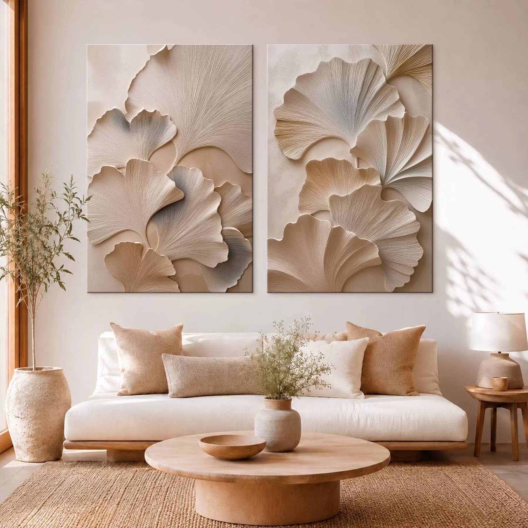  Schilderijen Tweedelig schilderij met ginkgobladeren en een reliëfeffect m30751