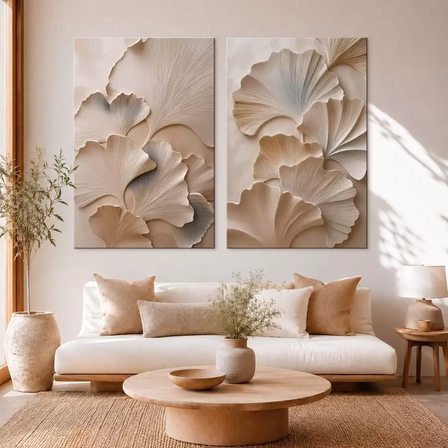  Schilderijen Tweedelig schilderij met ginkgobladeren en een reliëfeffect m30751