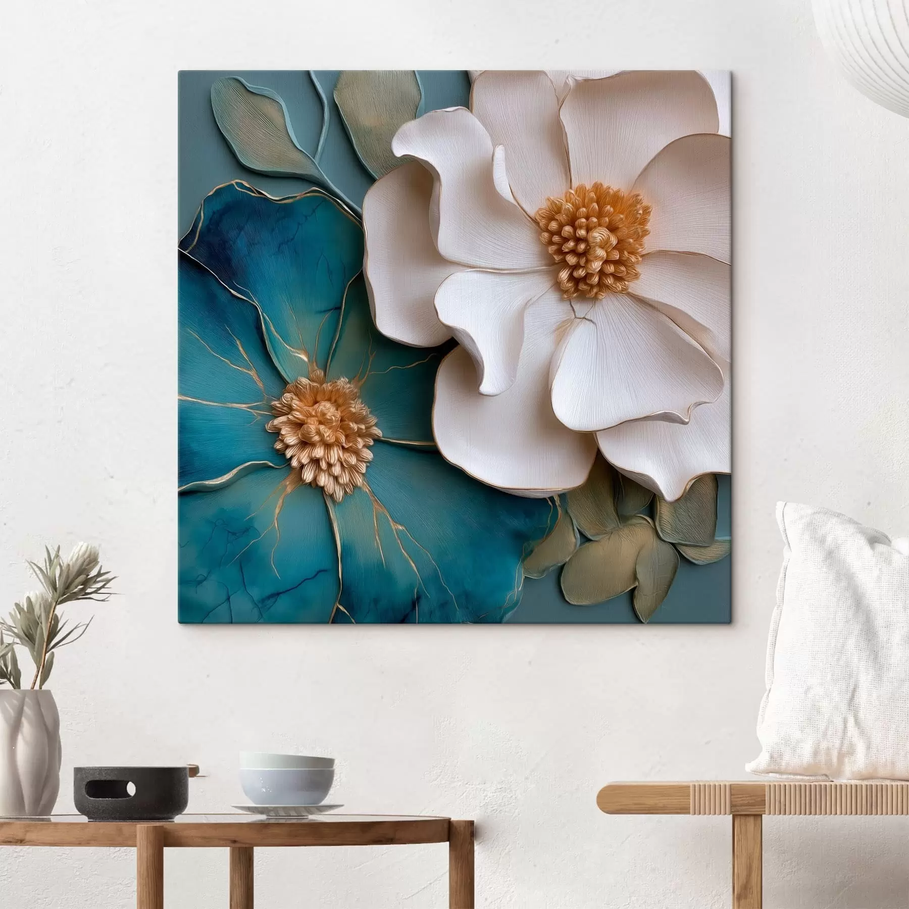  Schilderijen Weelderige bloemen in blauwe en lichte tinten s49947