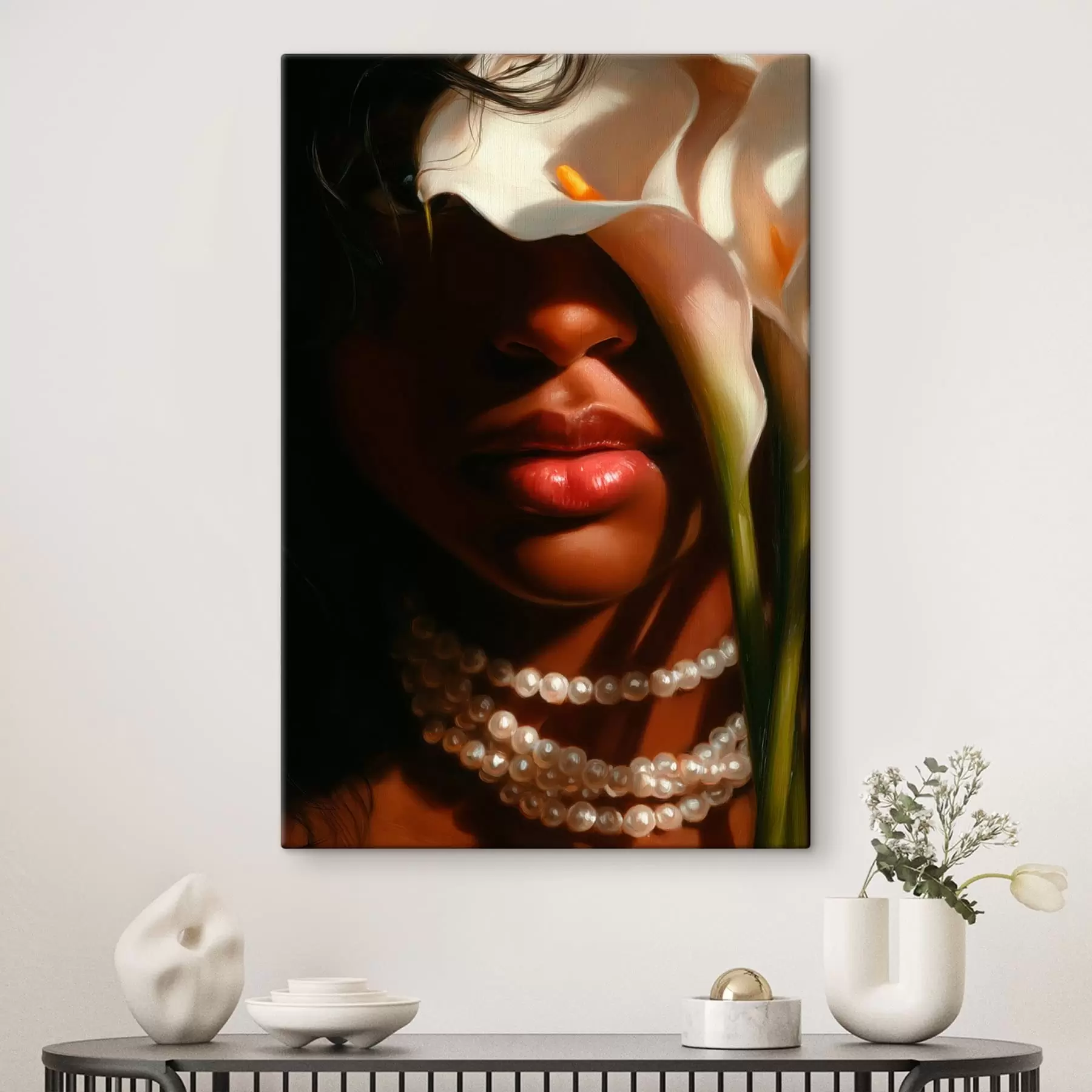  Schilderijen Portret met witte bloemen en een parelketting s49978