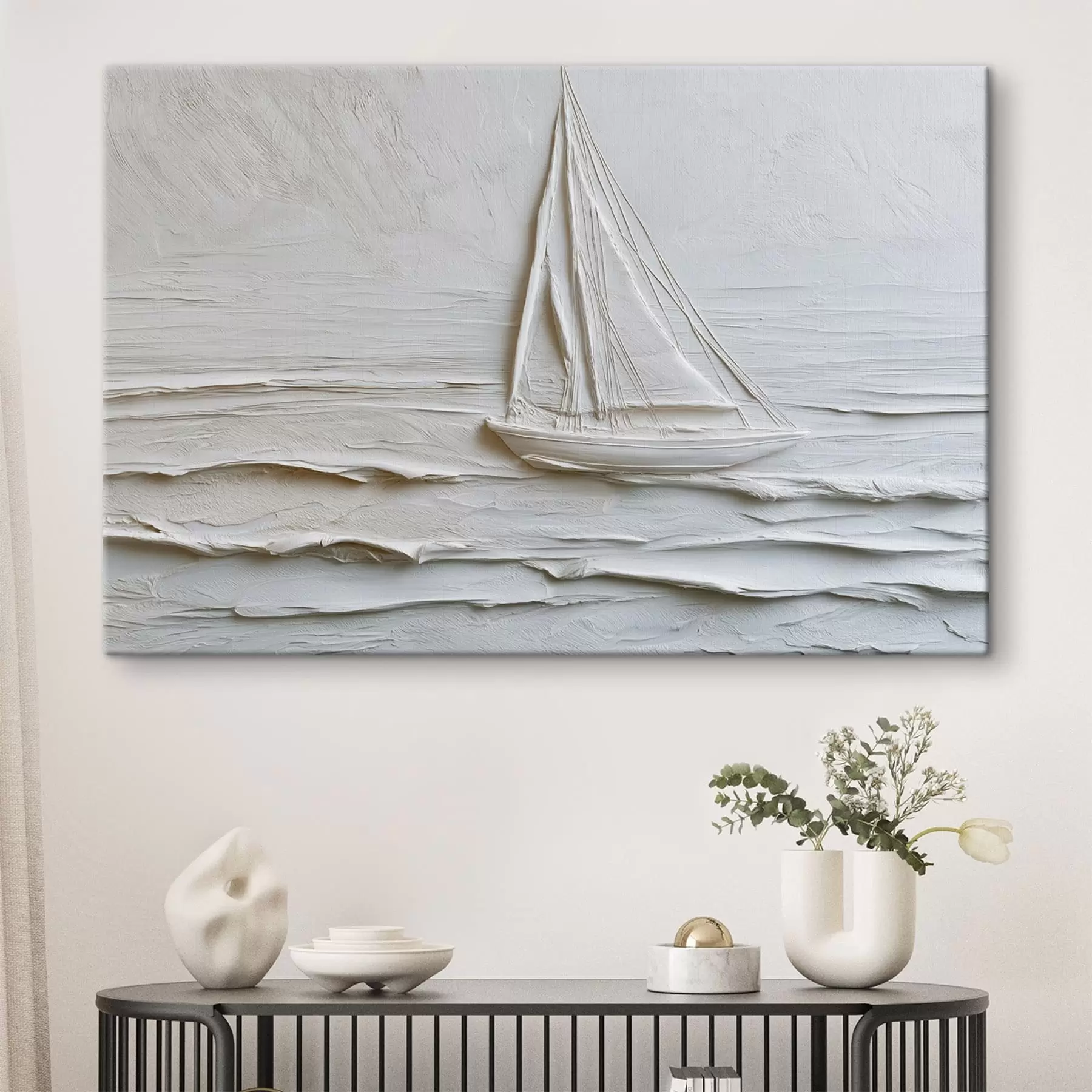 Schilderijen Minimalistische zeilboot op zee met een reliëfeffect s49984