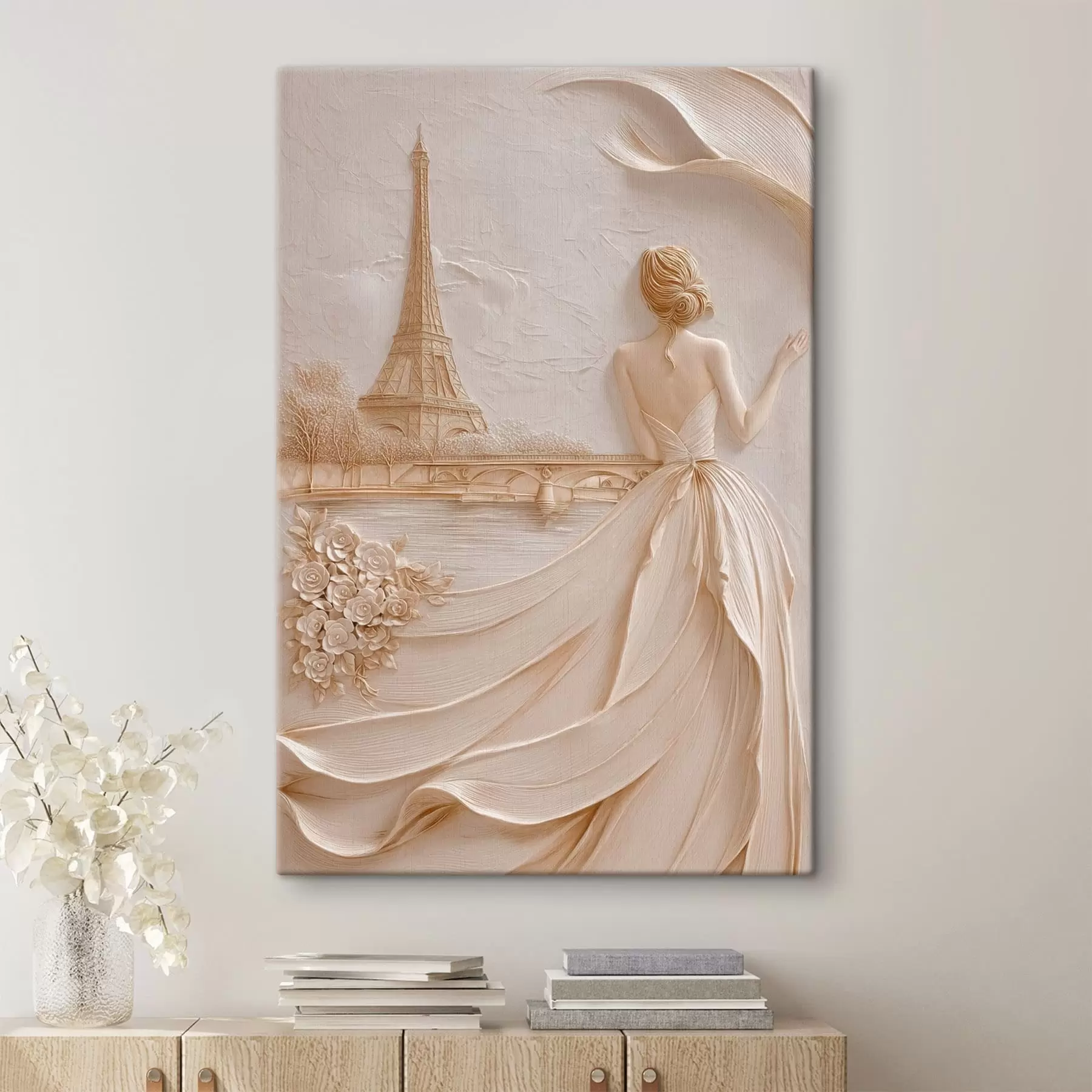  Schilderijen Compositie met een vrouw bij een beroemde toren en een reliëfeffect s49985