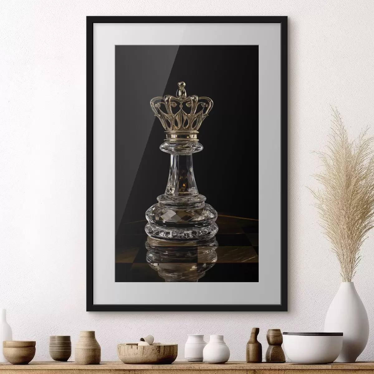 Poster Glazen schaakkoningin op een donkere achtergrond f49946