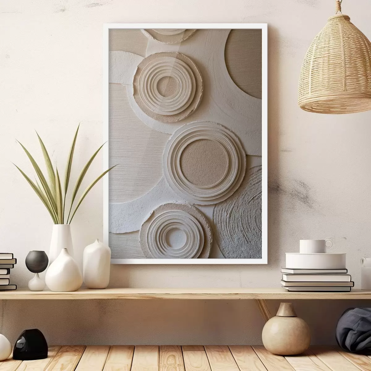 Poster Geometrische compositie met cirkels en een reliëfeffect f49956