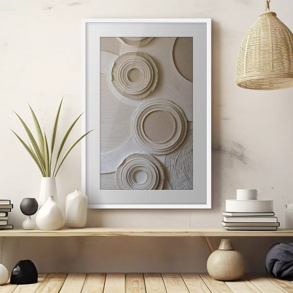 Poster Geometrische compositie met cirkels en een reliëfeffect f49956