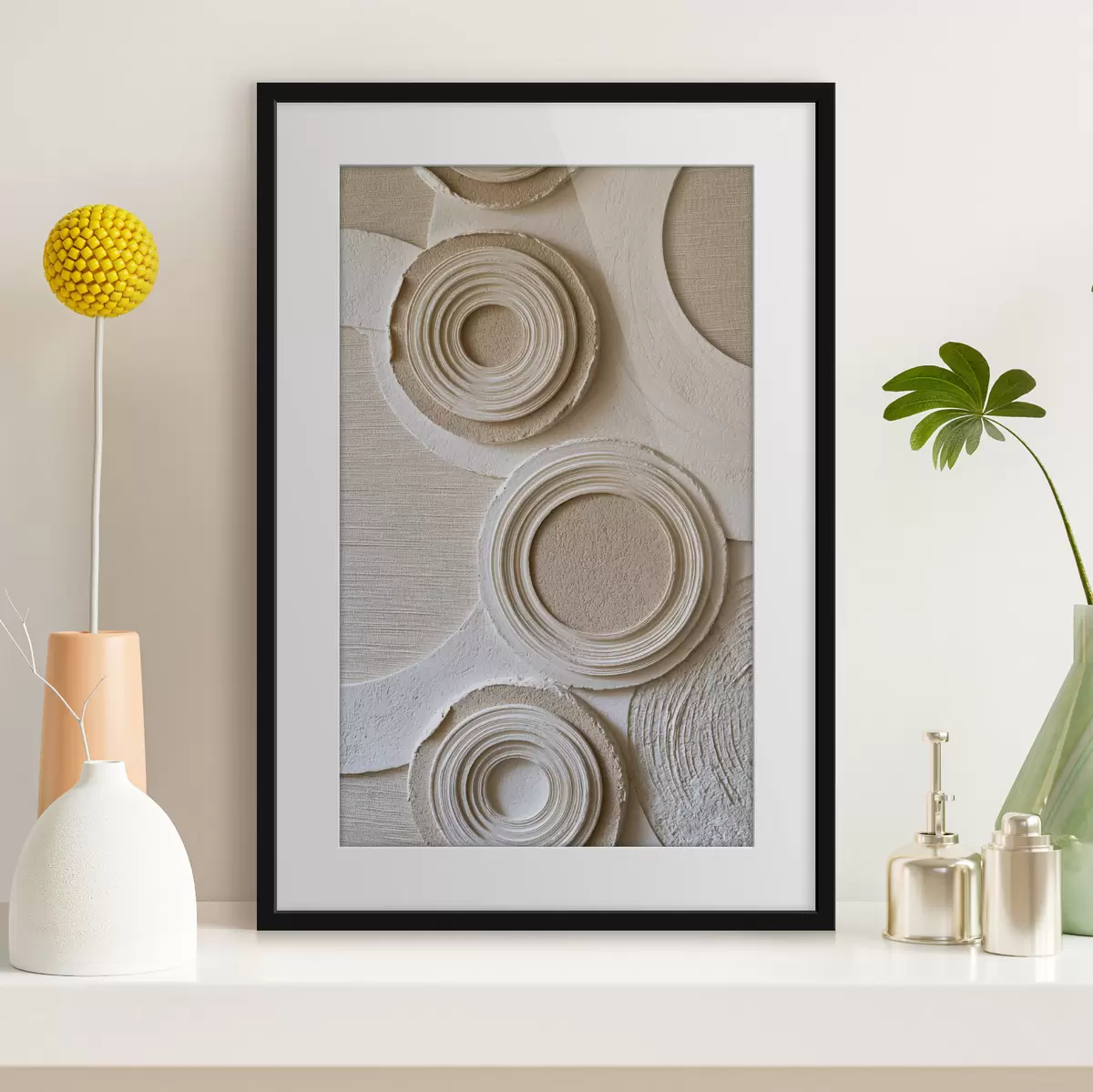 Poster Geometrische compositie met cirkels en een reliëfeffect f49956