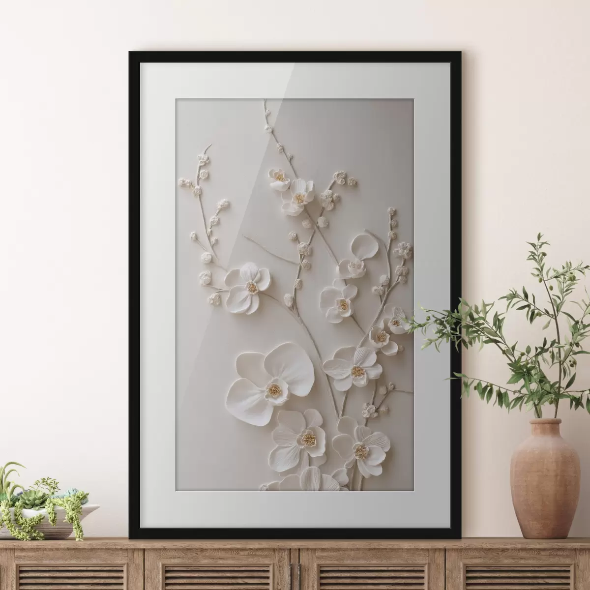 Poster Weelderige witte bloemen aan sierlijke takken f49957