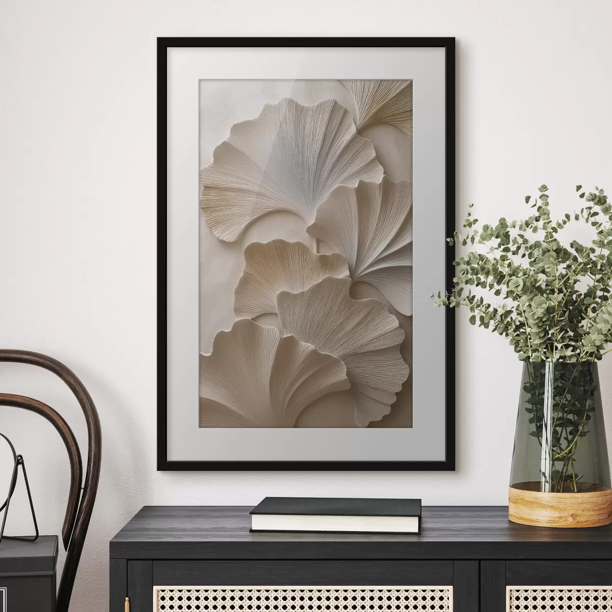 Poster Bladeren in zachte, neutrale tinten met een reliëfeffect f49960