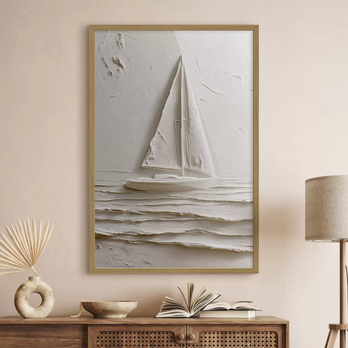 Poster Zeilboot op kalme golven met een reliëfeffect f49964