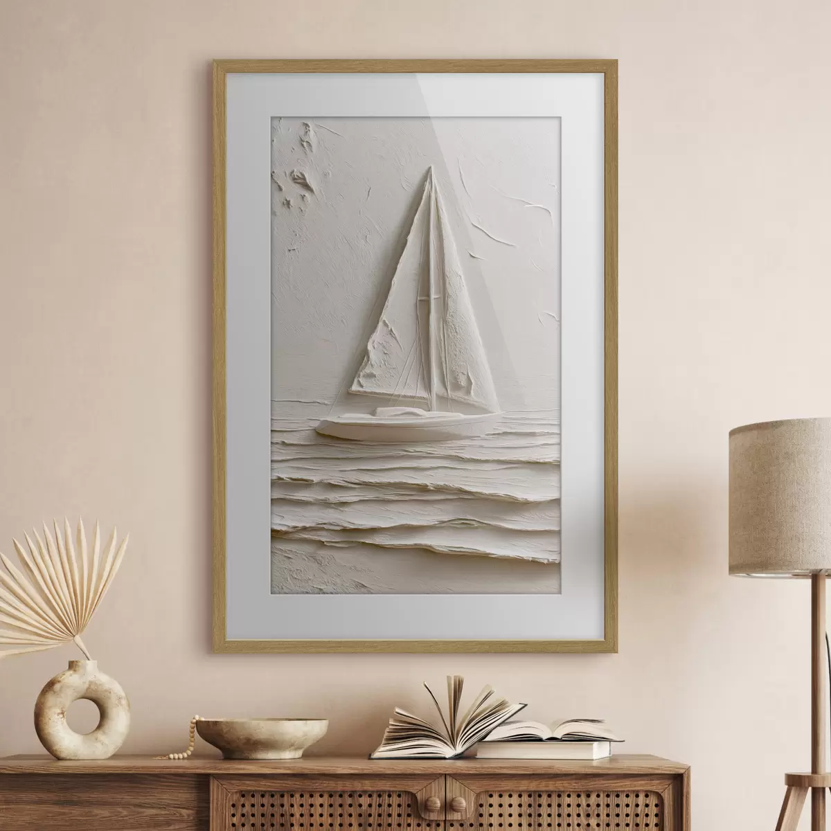 Poster Zeilboot op kalme golven met een reliëfeffect f49964