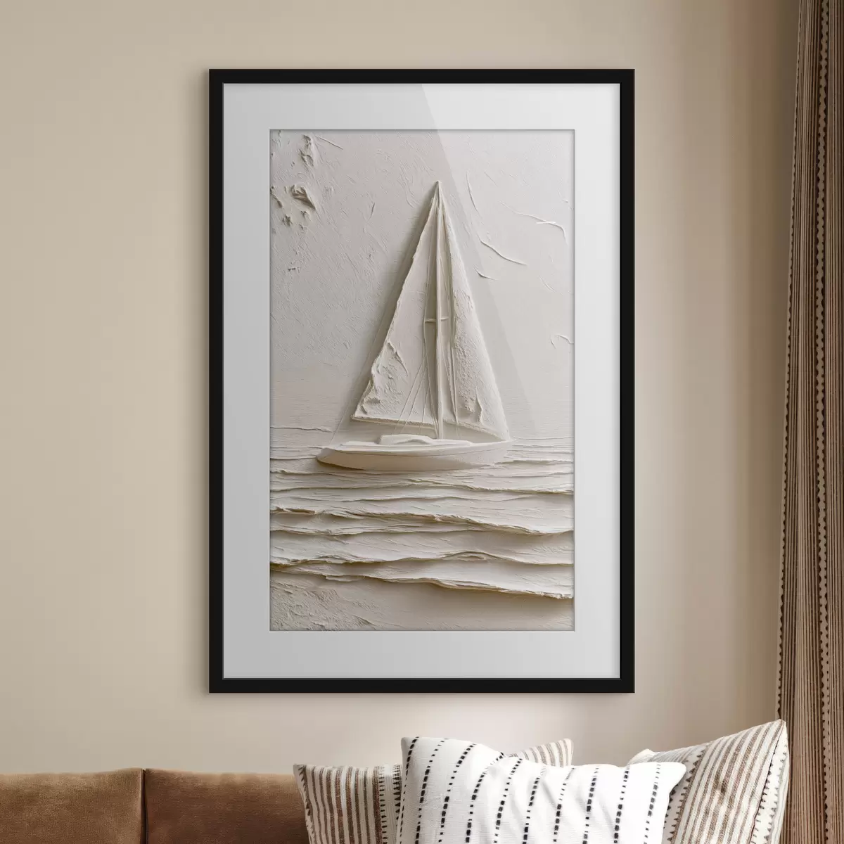 Poster Zeilboot op kalme golven met een reliëfeffect f49964