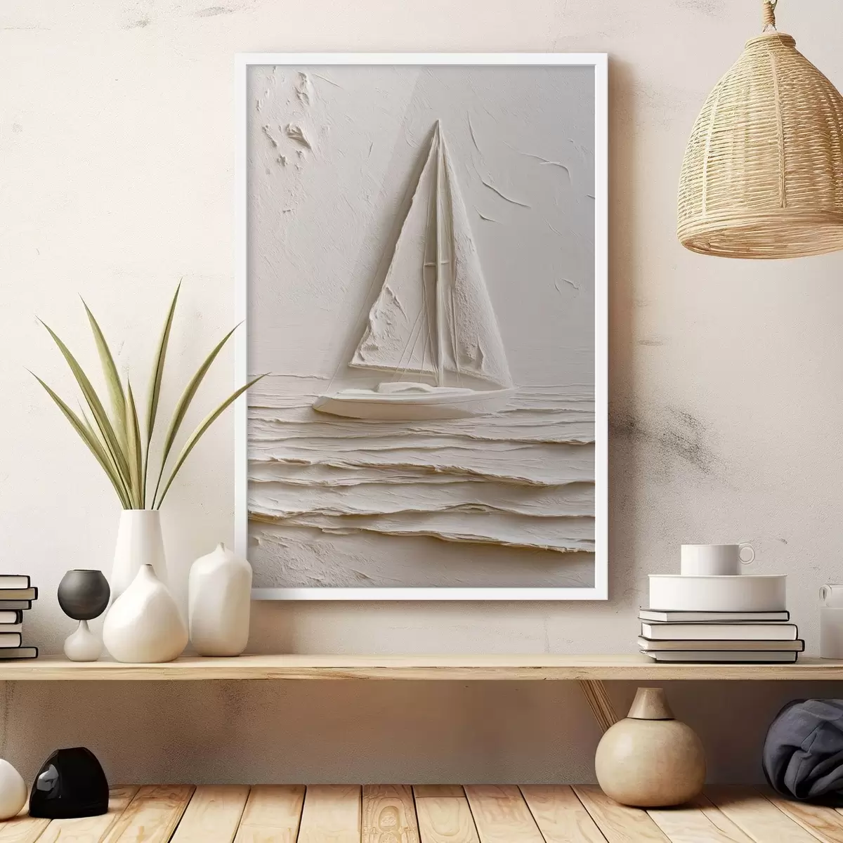 Poster Zeilboot op kalme golven met een reliëfeffect f49964