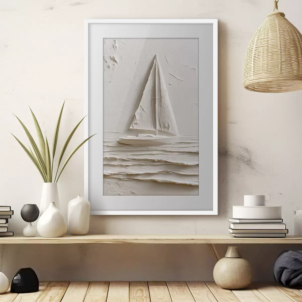 Poster Zeilboot op kalme golven met een reliëfeffect f49964