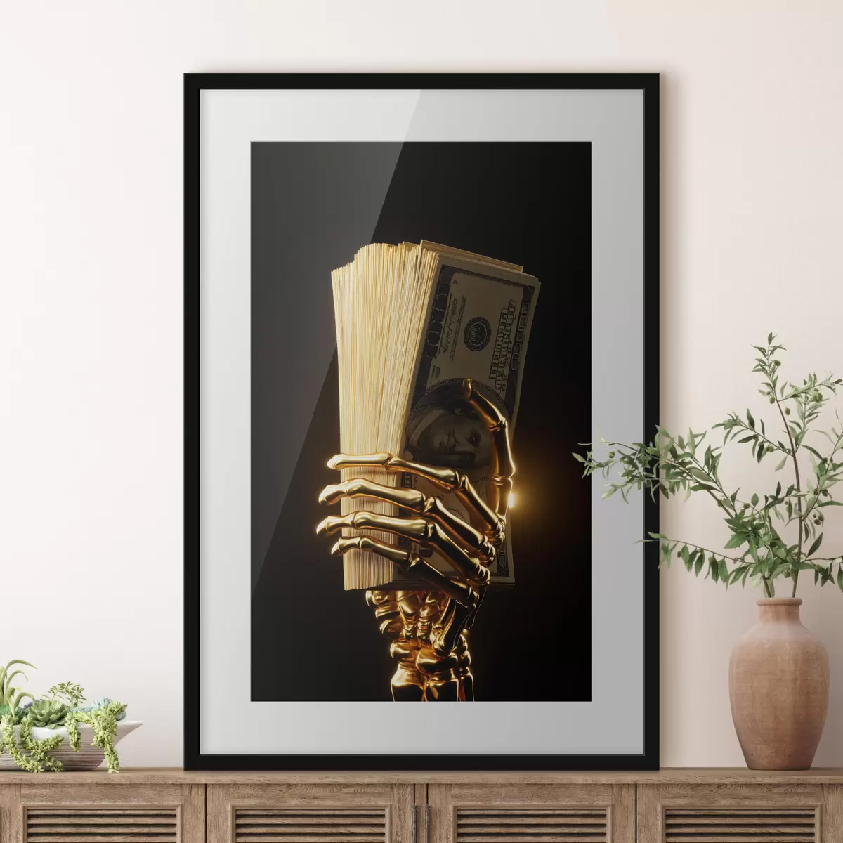 Poster Metalen hand die een stapel bankbiljetten vasthoudt f49967