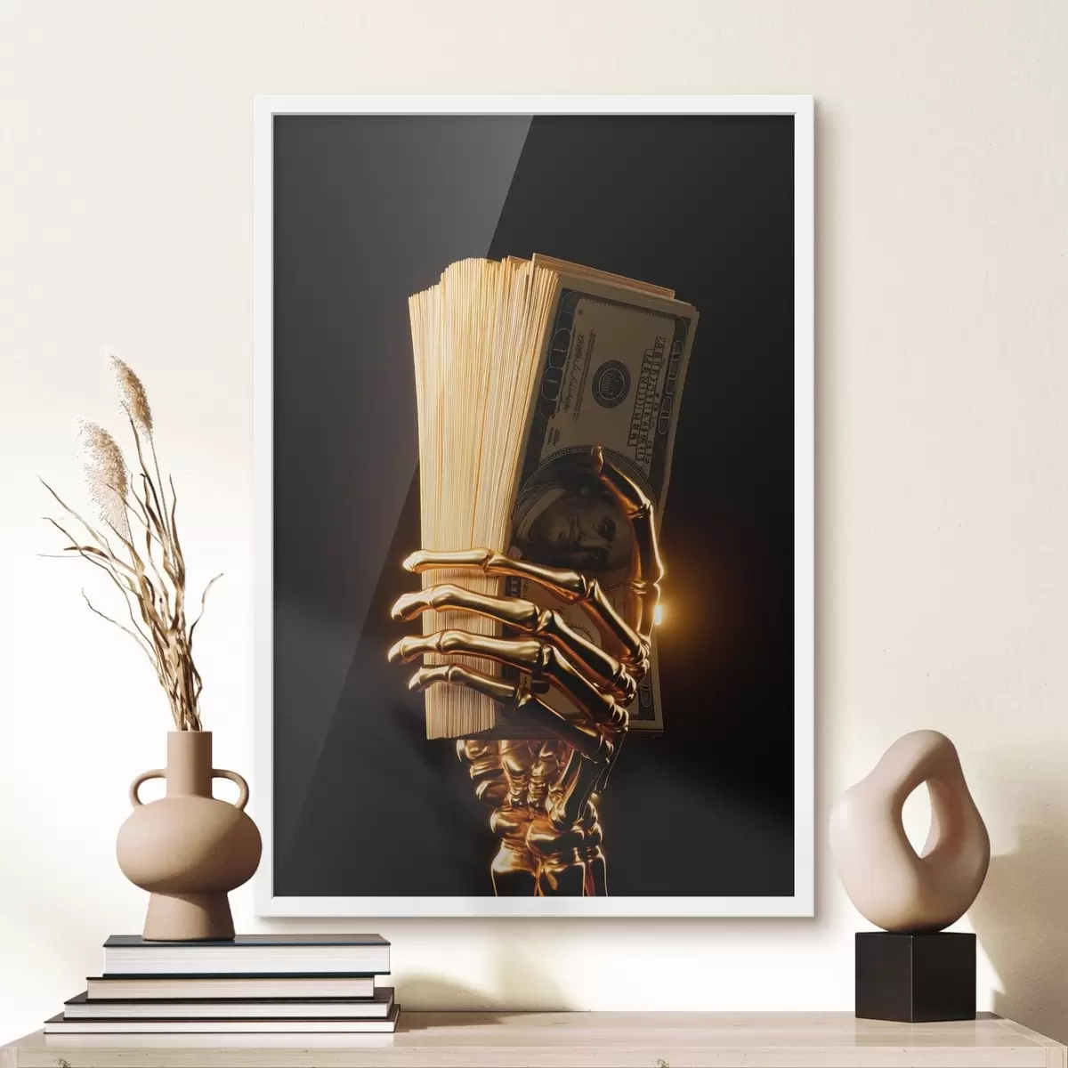 Poster Metalen hand die een stapel bankbiljetten vasthoudt f49967