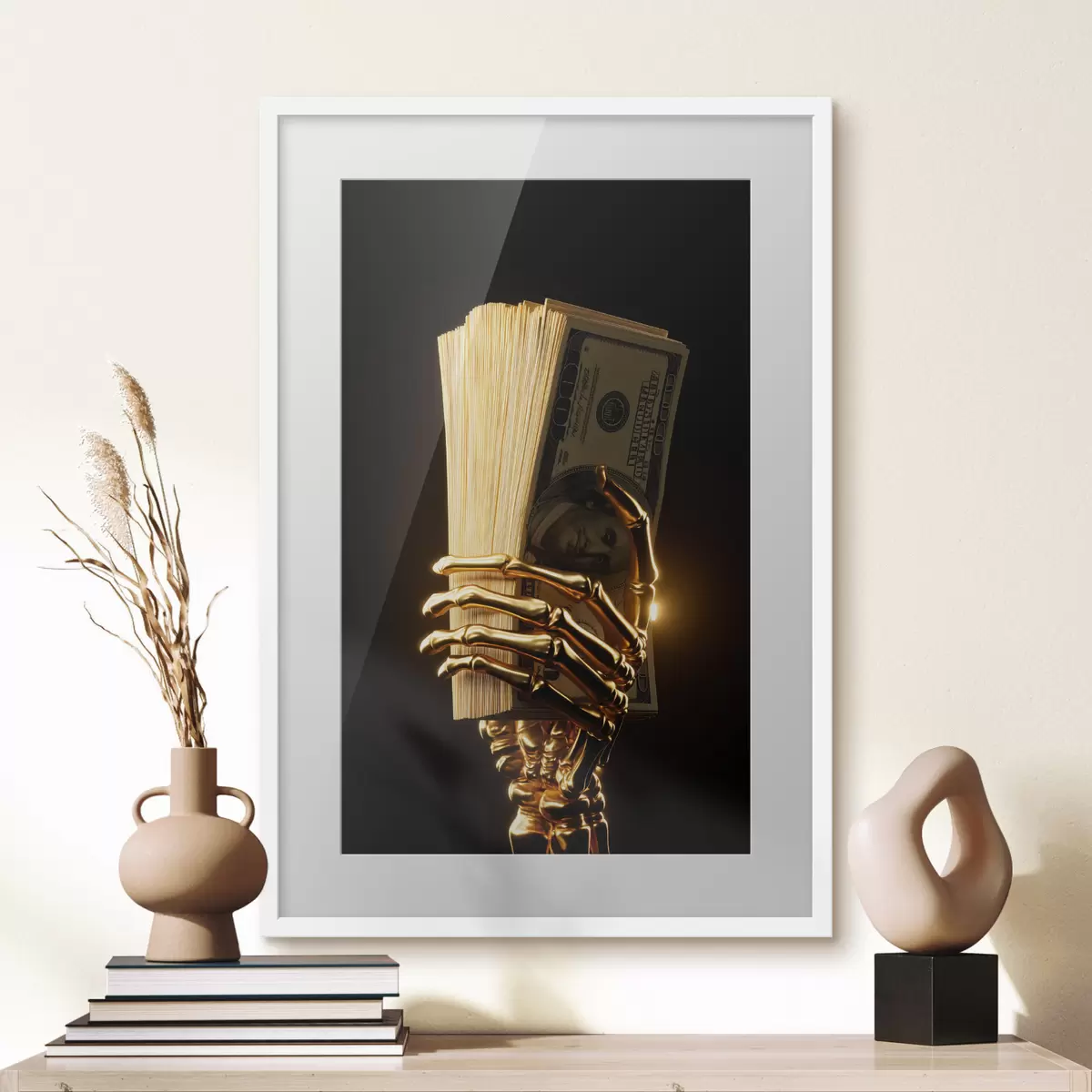 Poster Metalen hand die een stapel bankbiljetten vasthoudt f49967