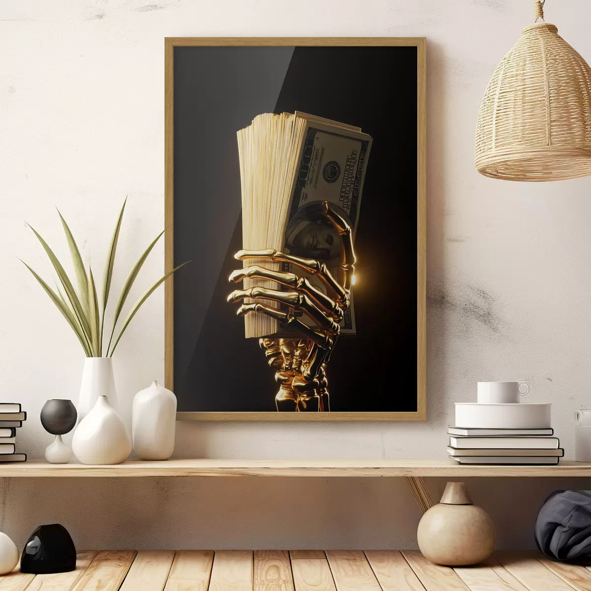 Poster Metalen hand die een stapel bankbiljetten vasthoudt f49967