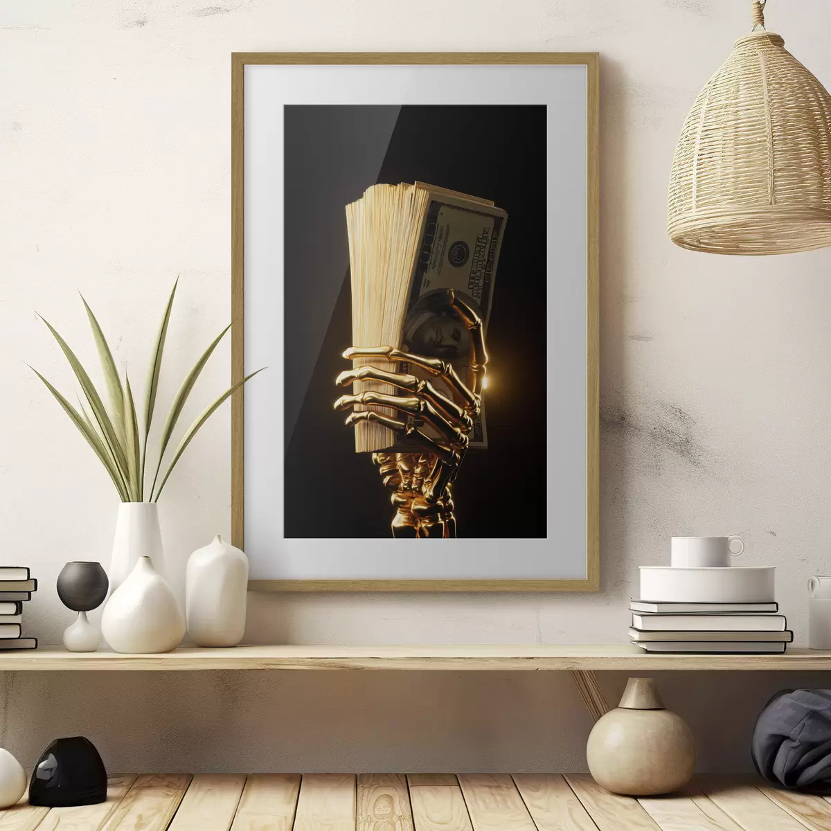 Poster Metalen hand die een stapel bankbiljetten vasthoudt f49967