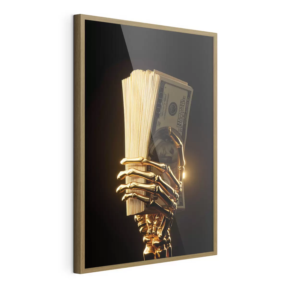 Poster Metalen hand die een stapel bankbiljetten vasthoudt f49967