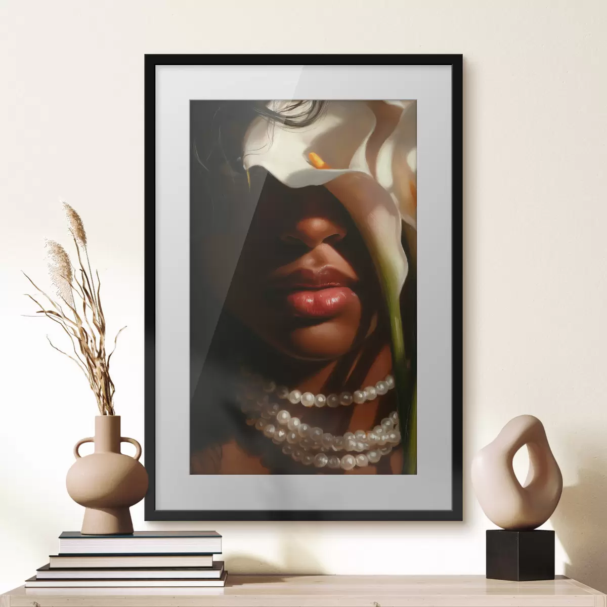 Poster Portret met witte bloemen en een parelketting f49978