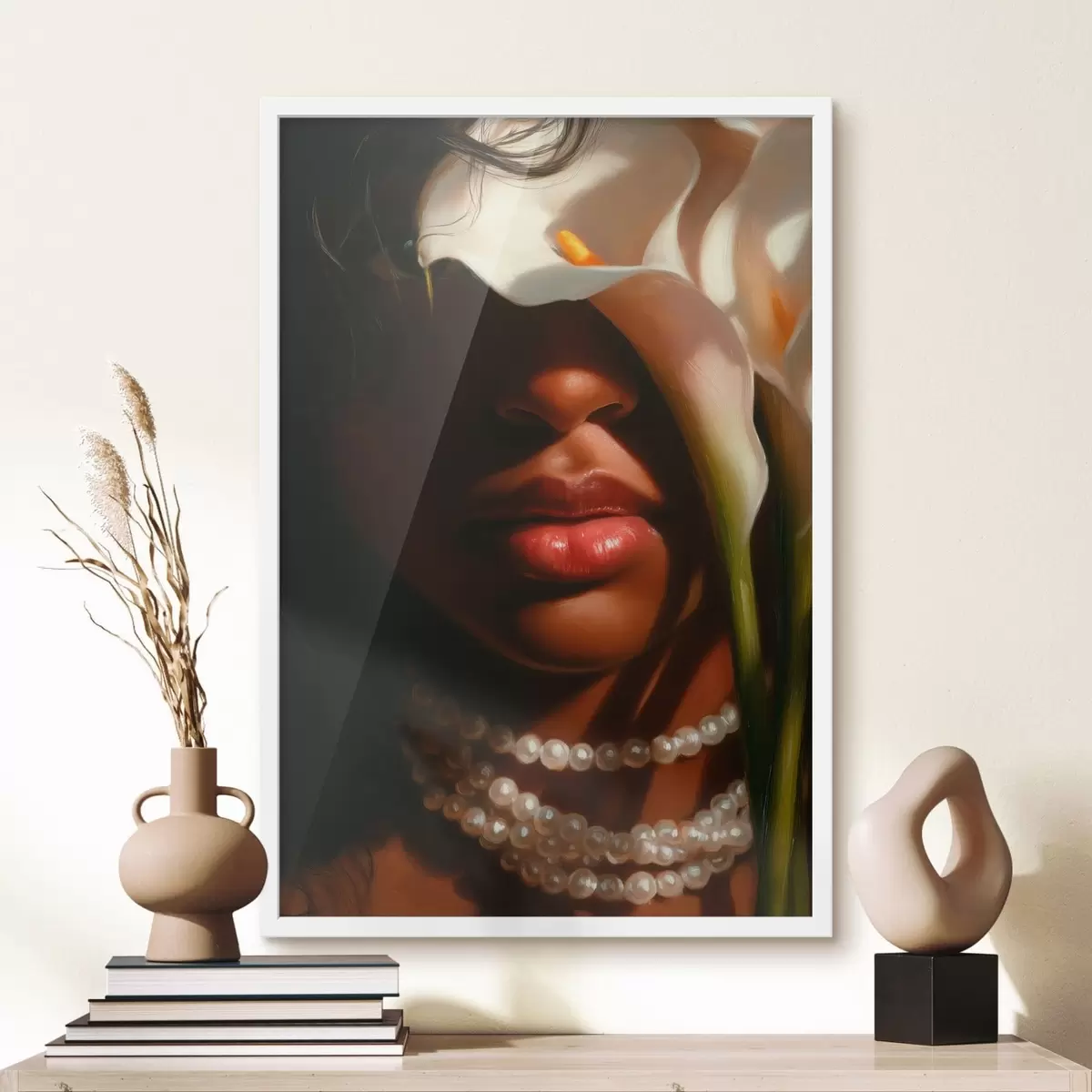 Poster Portret met witte bloemen en een parelketting f49978