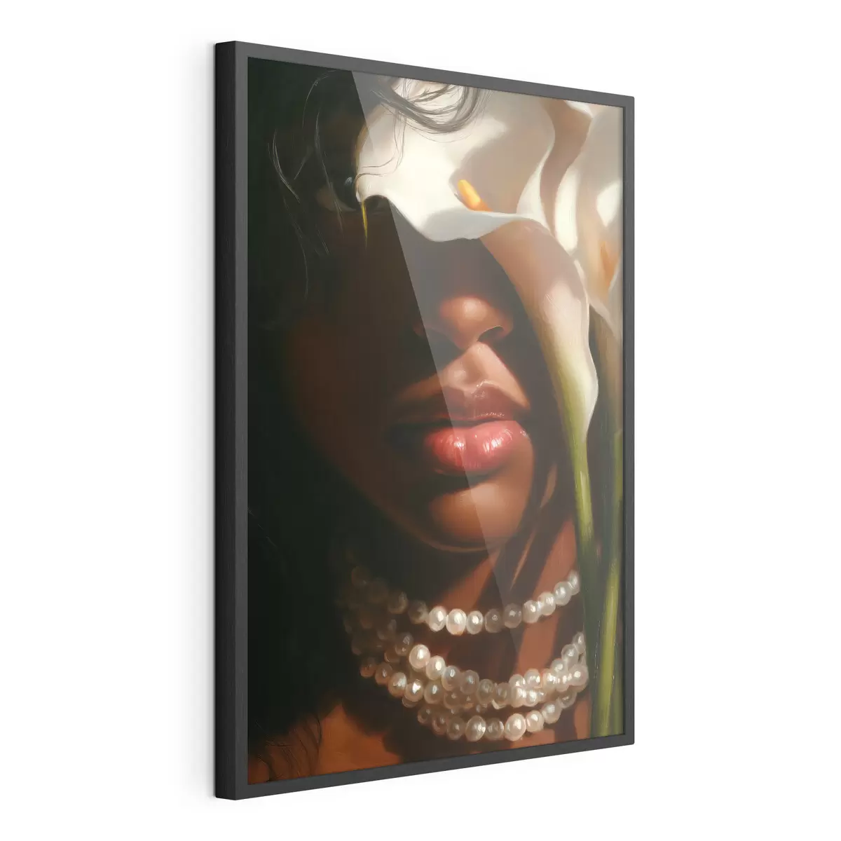 Poster Portret met witte bloemen en een parelketting f49978