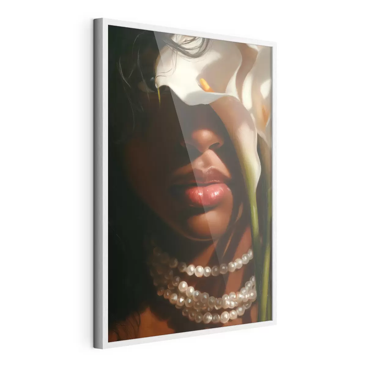 Poster Portret met witte bloemen en een parelketting f49978