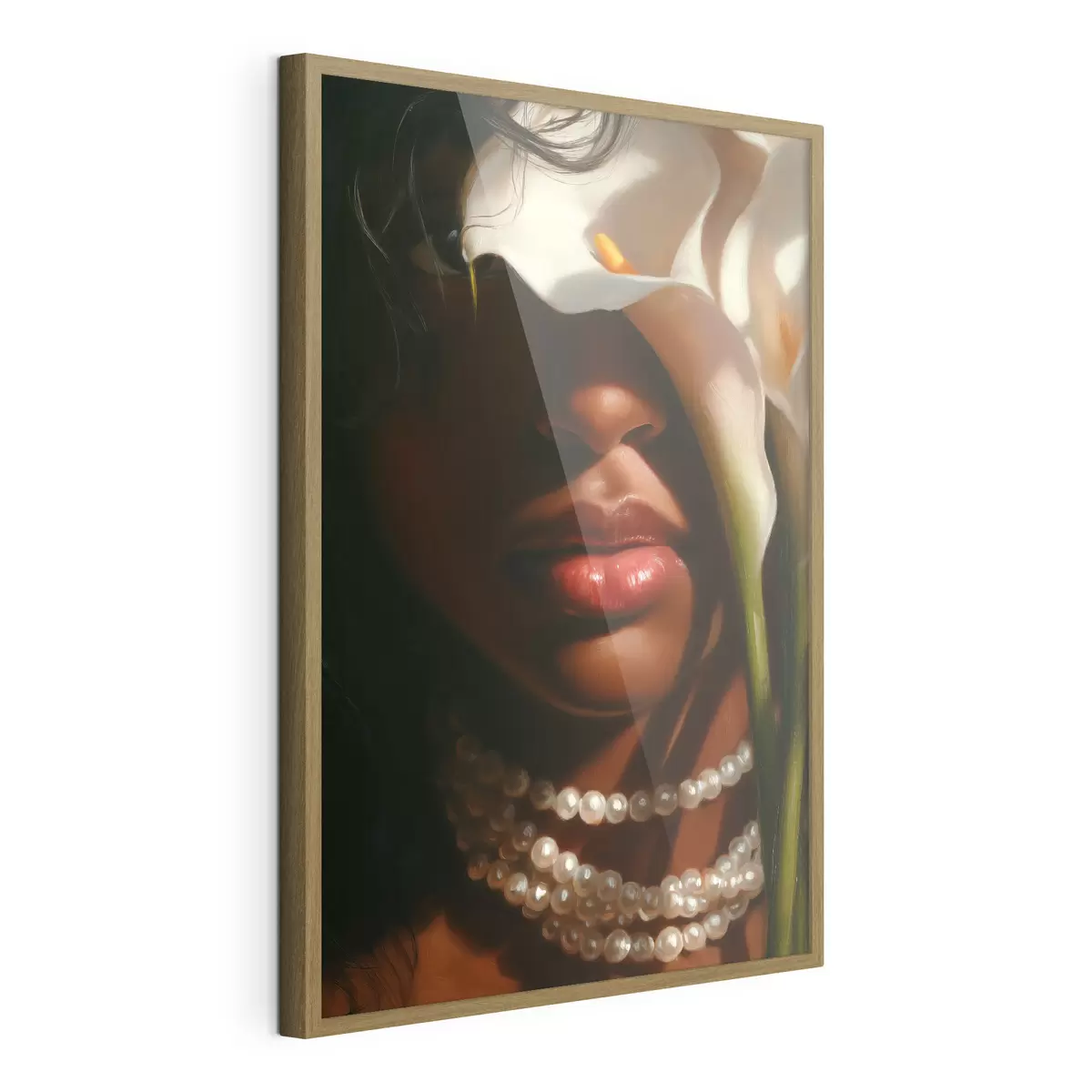 Poster Portret met witte bloemen en een parelketting f49978
