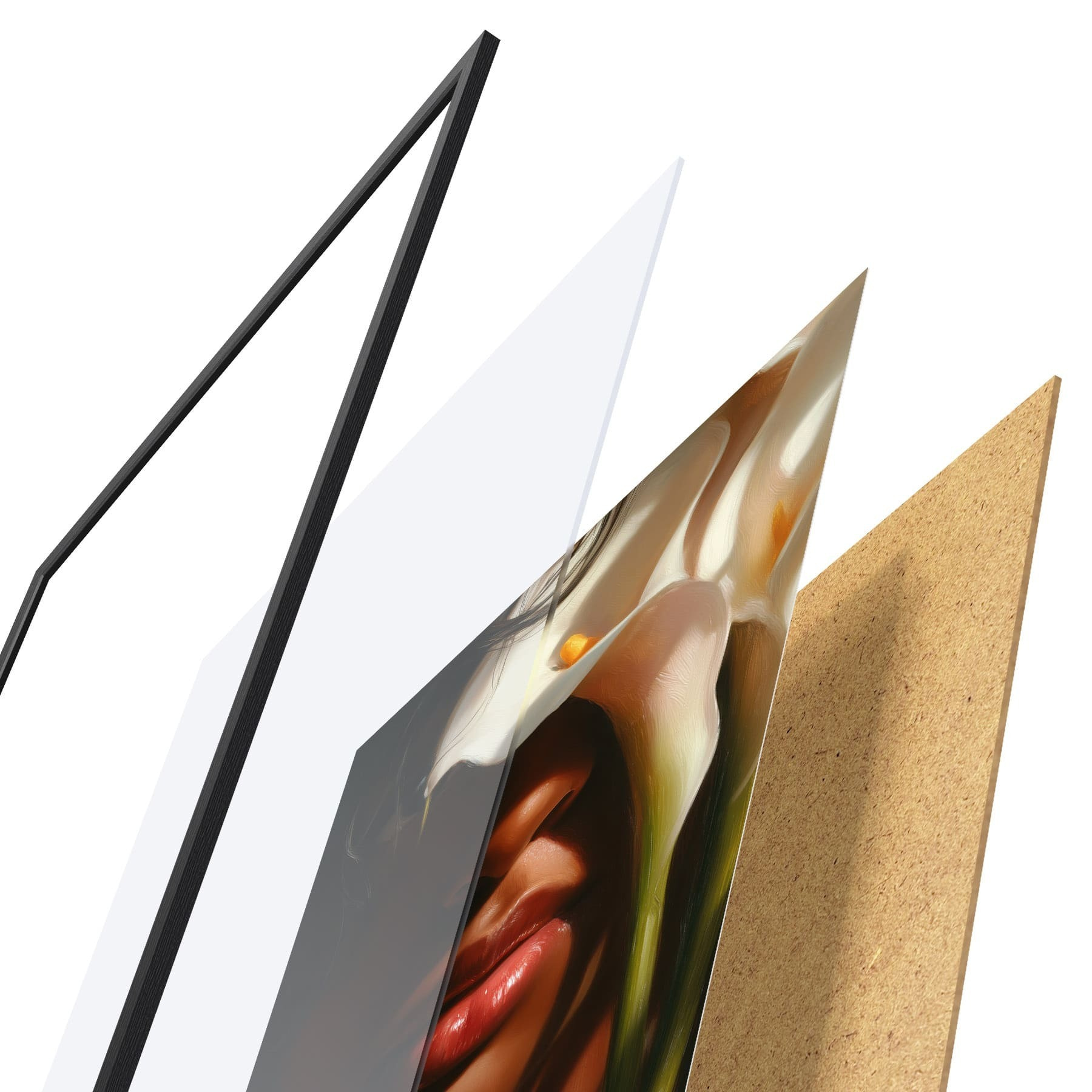 Poster Portret met witte bloemen en een parelketting f49978